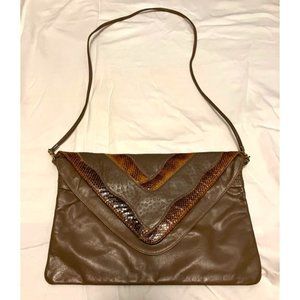 Vintage 70s 80s Leather Snakeskin Convertible Clutch Bag Purse Taupe